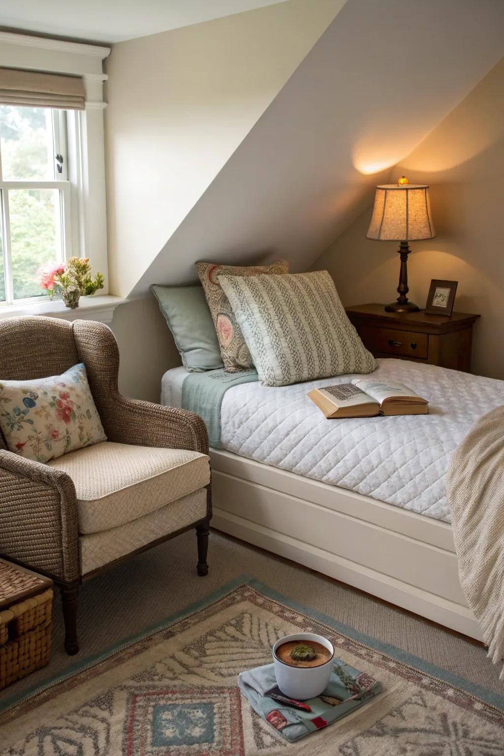 A reading corner includes charm and function to a bed layout at an angle.