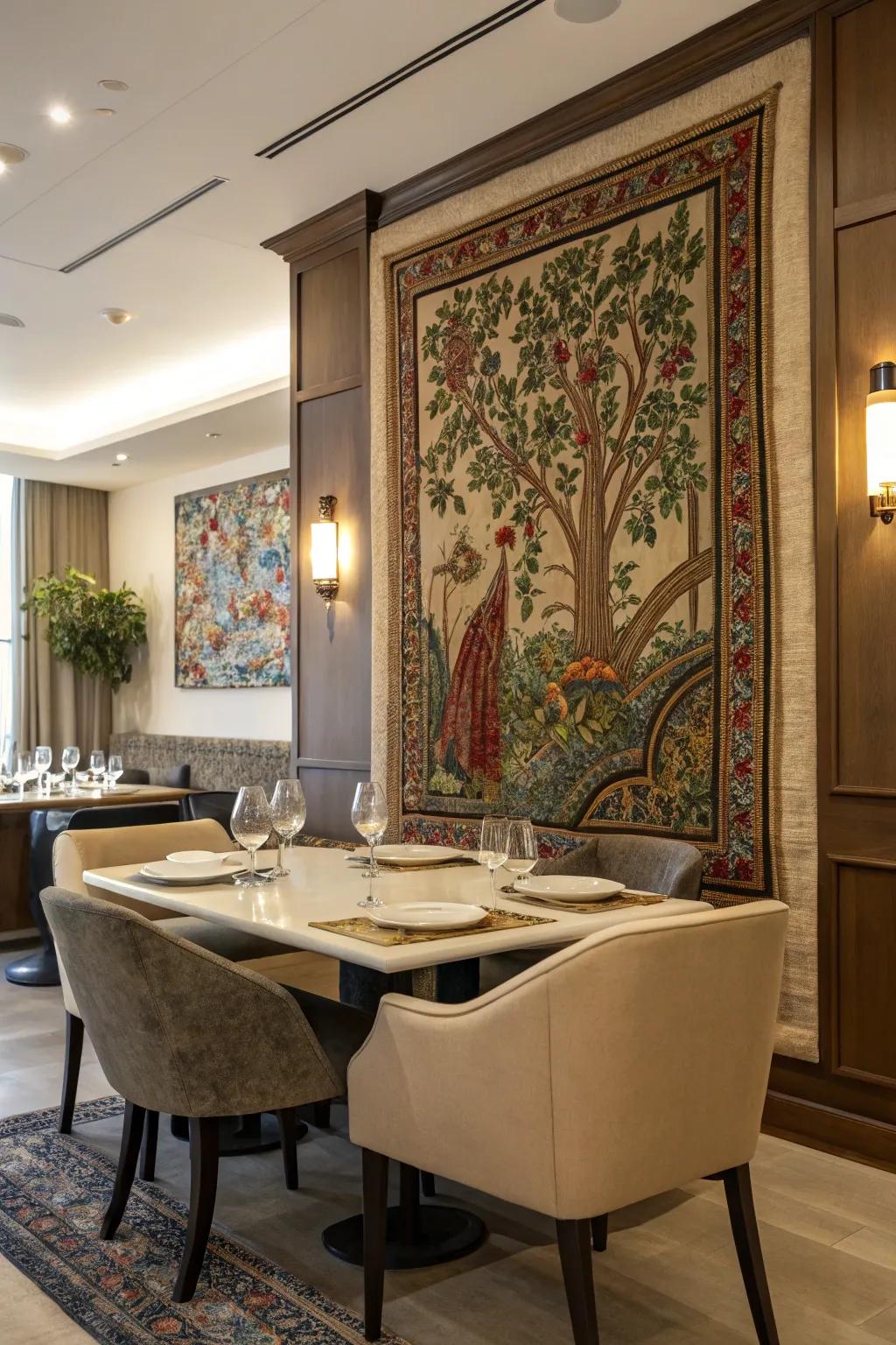Textiles enrich dining room walls with warmth and appeal.