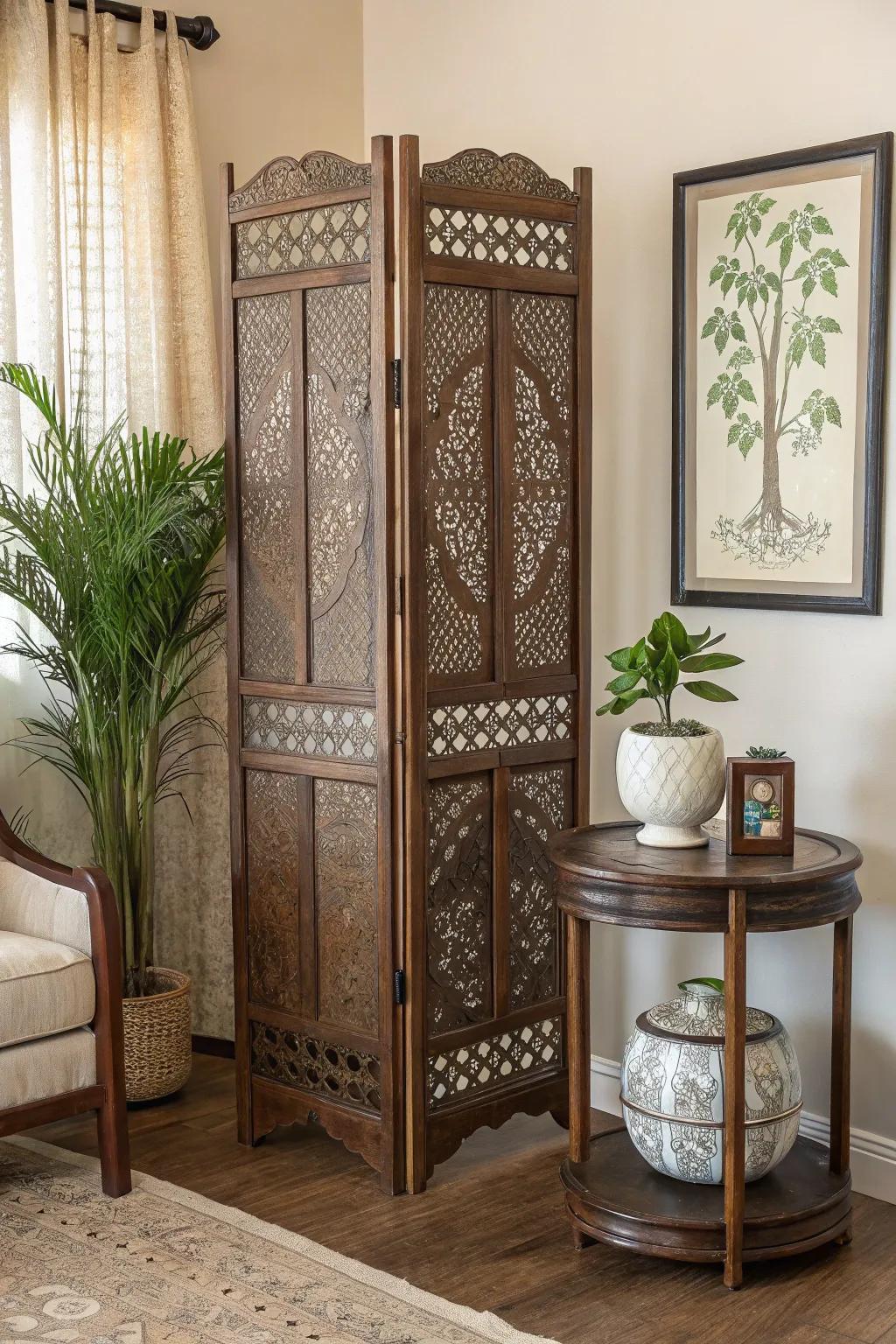 A divider adds style and slight separation to the dining area.