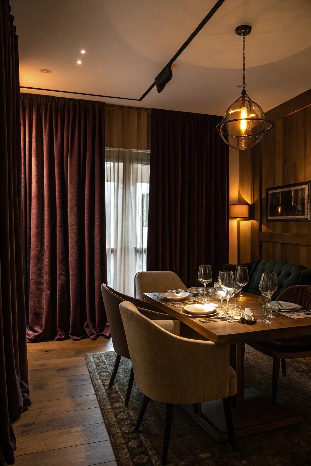 Darkening coverings crafting an intimate dining setting.