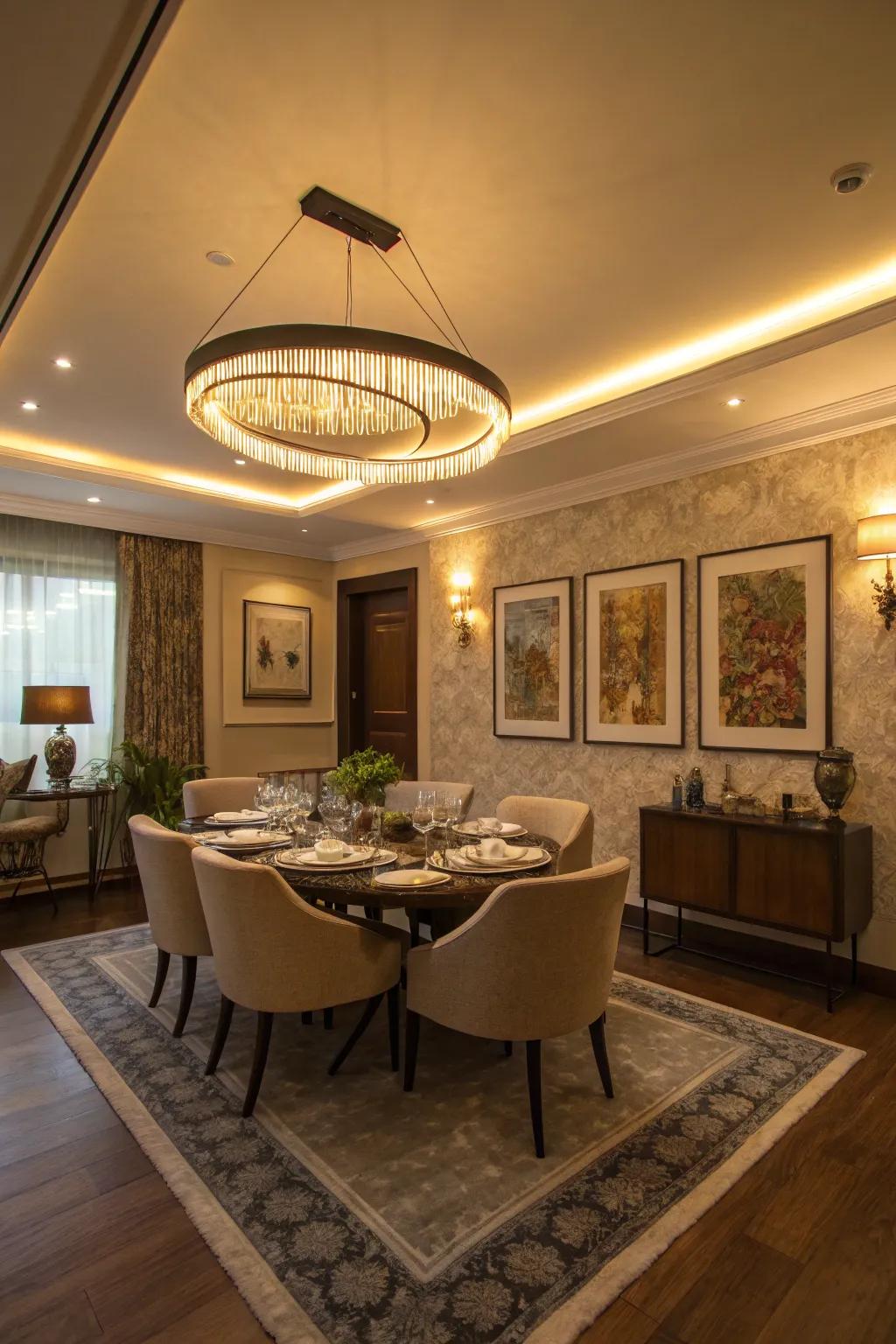 This functional dining area offers both flexibility and style thanks to its dimmable fixtures.