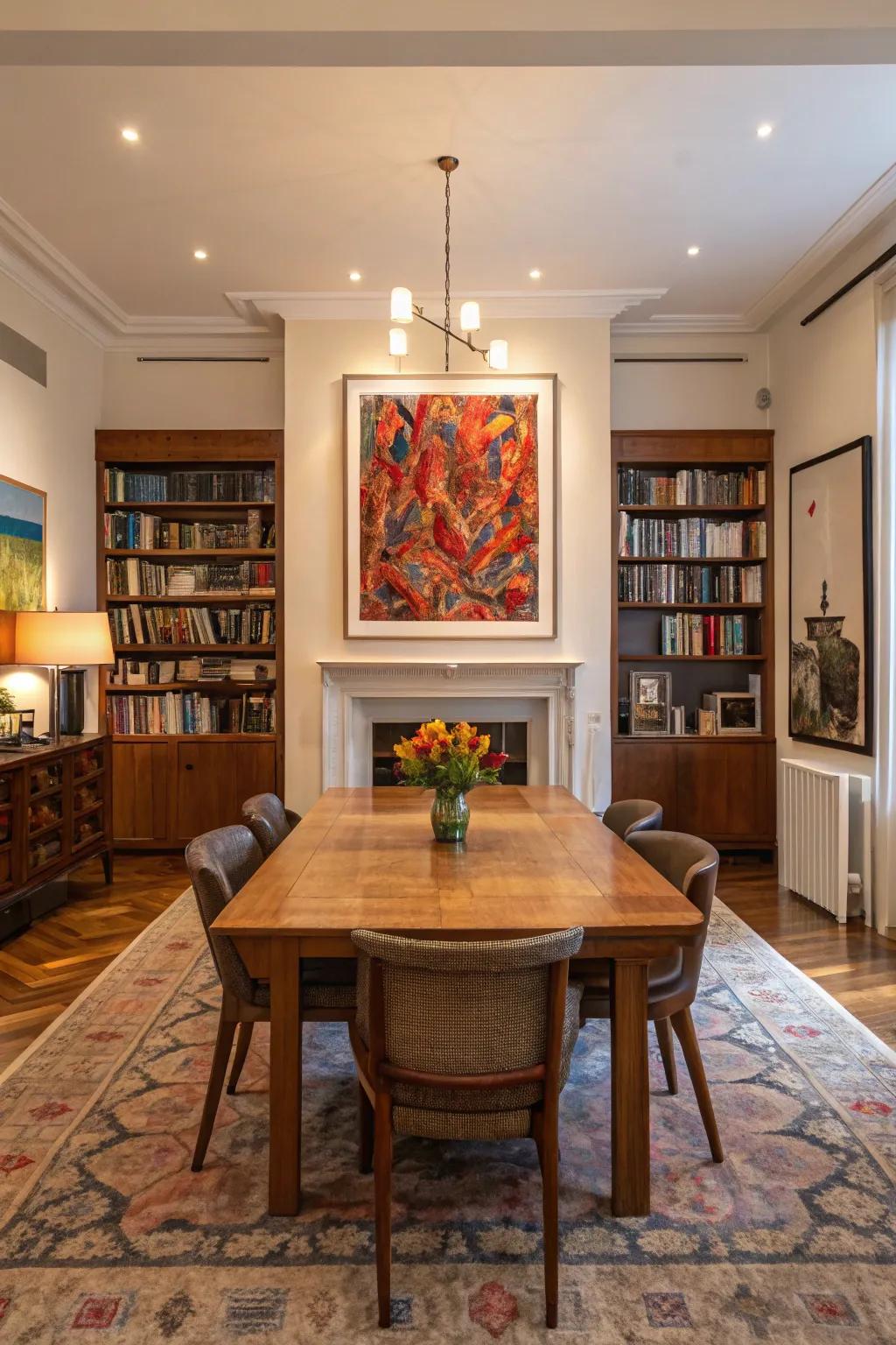 A bold art piece serves as a strong visual anchor in the dining room.