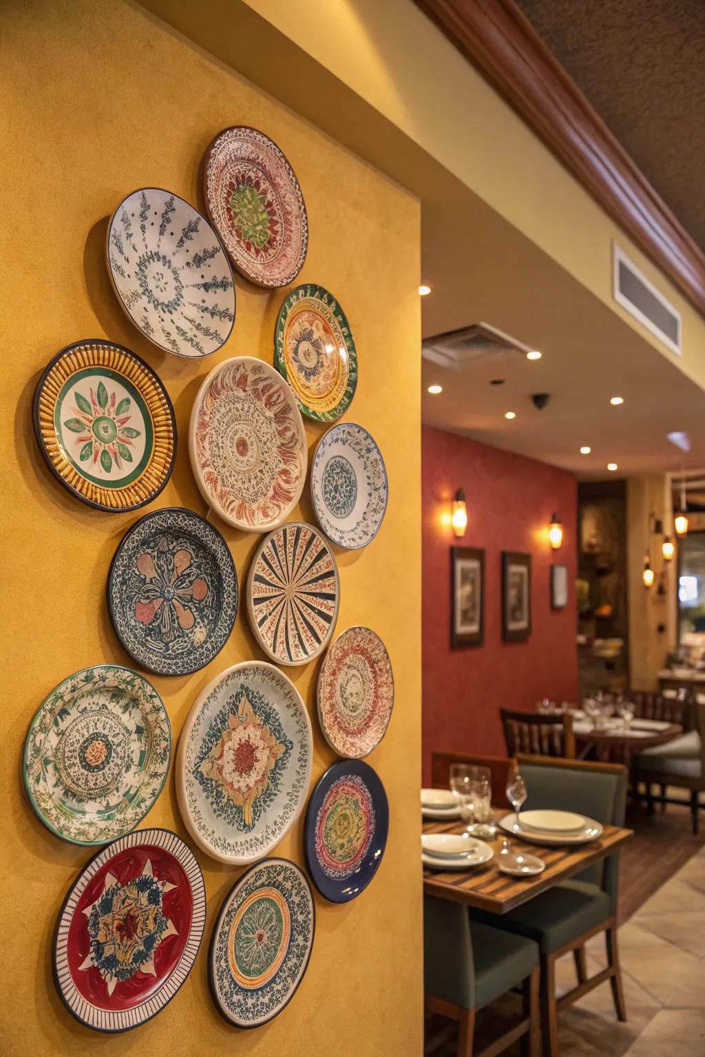 Plate mosaics convert walls into captivating artistic displays.