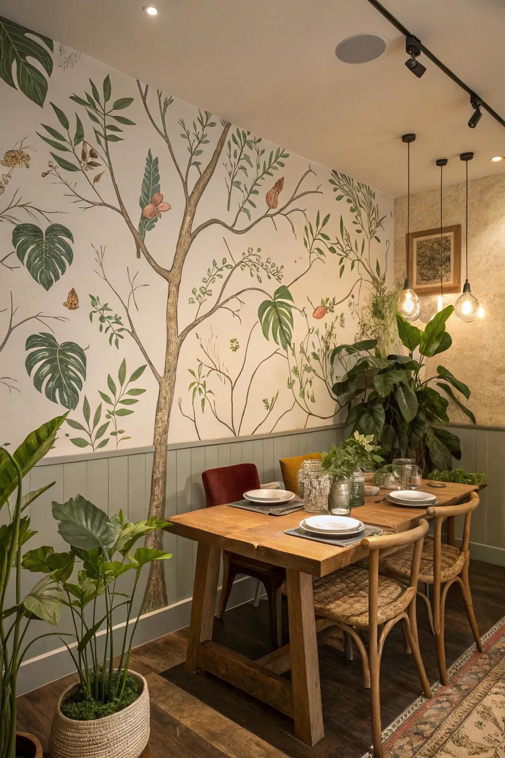 Nature-inspired wall designs paired with organic decor create an unmatched dining atmosphere.