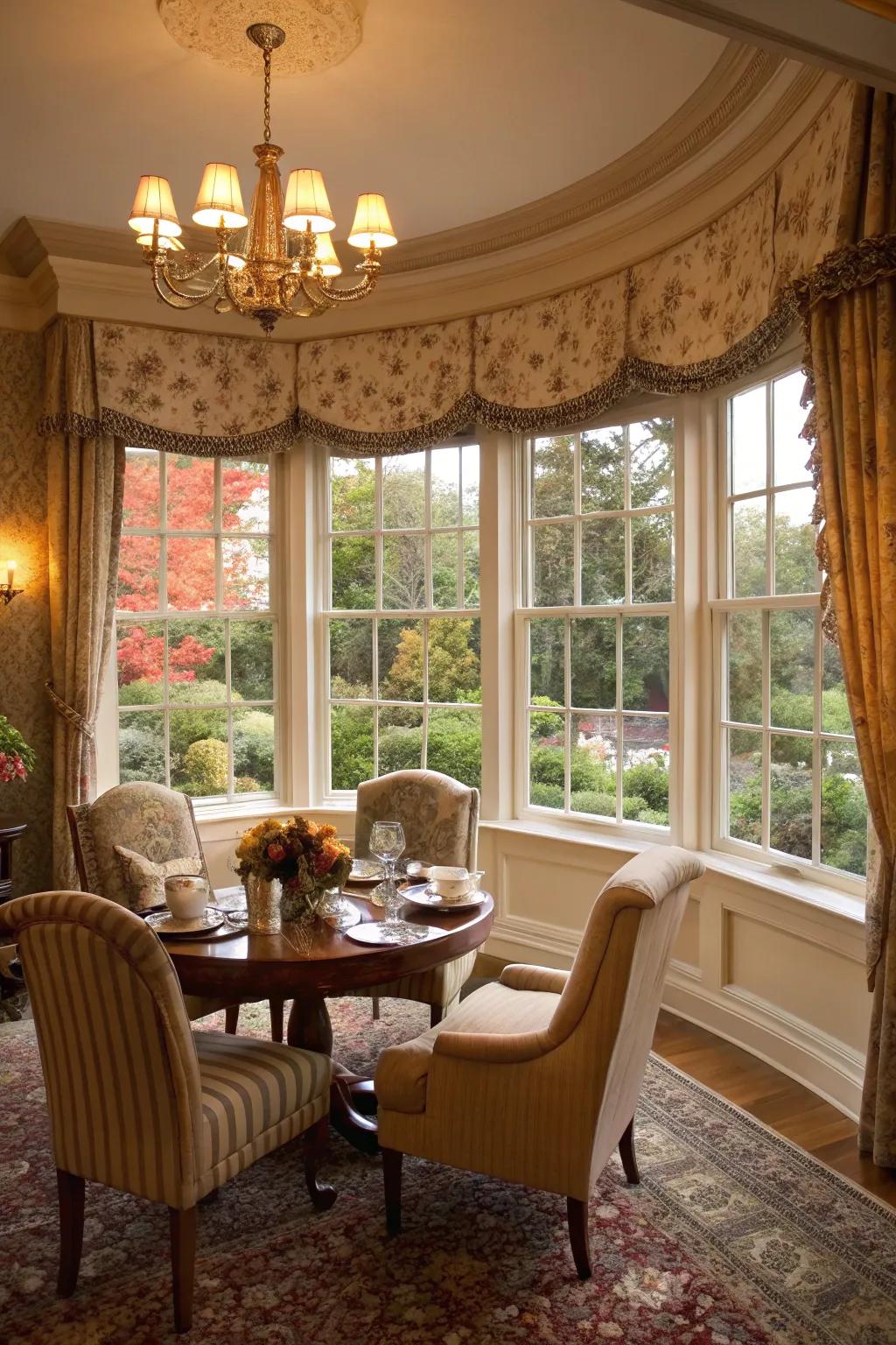 Bow windows lend luxury and offer sweeping views in your dining area.