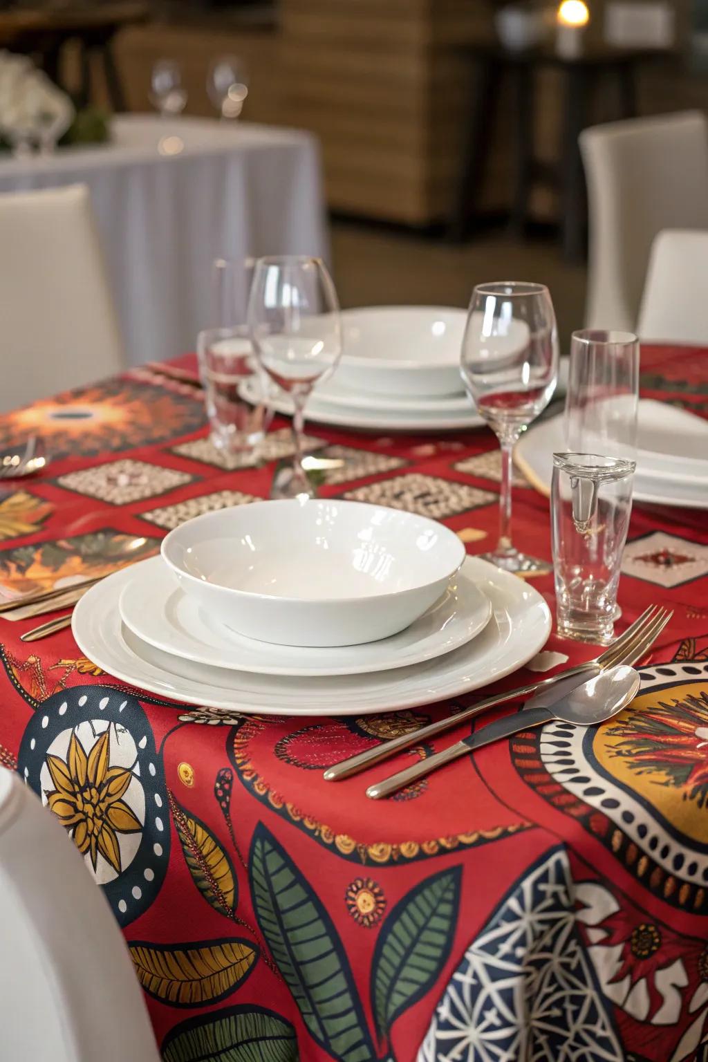 A boldly patterned table covering acting as the key visual feature of the table.