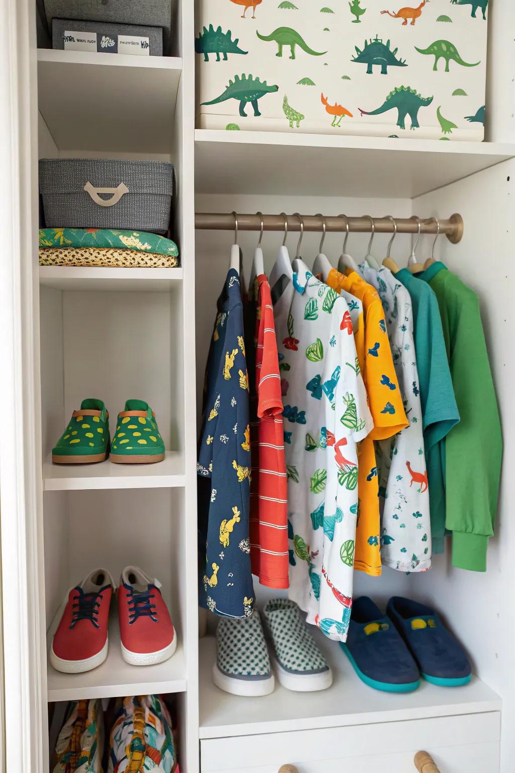 A dinosaur-themed closet organizer instituting order to disarray.
