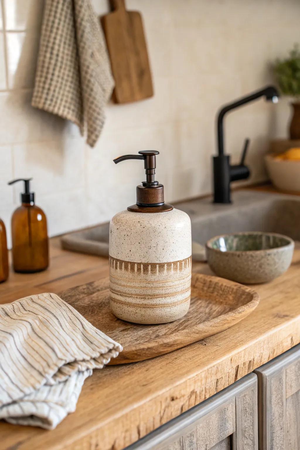 Stoneware dispensers impart elegance and texture.