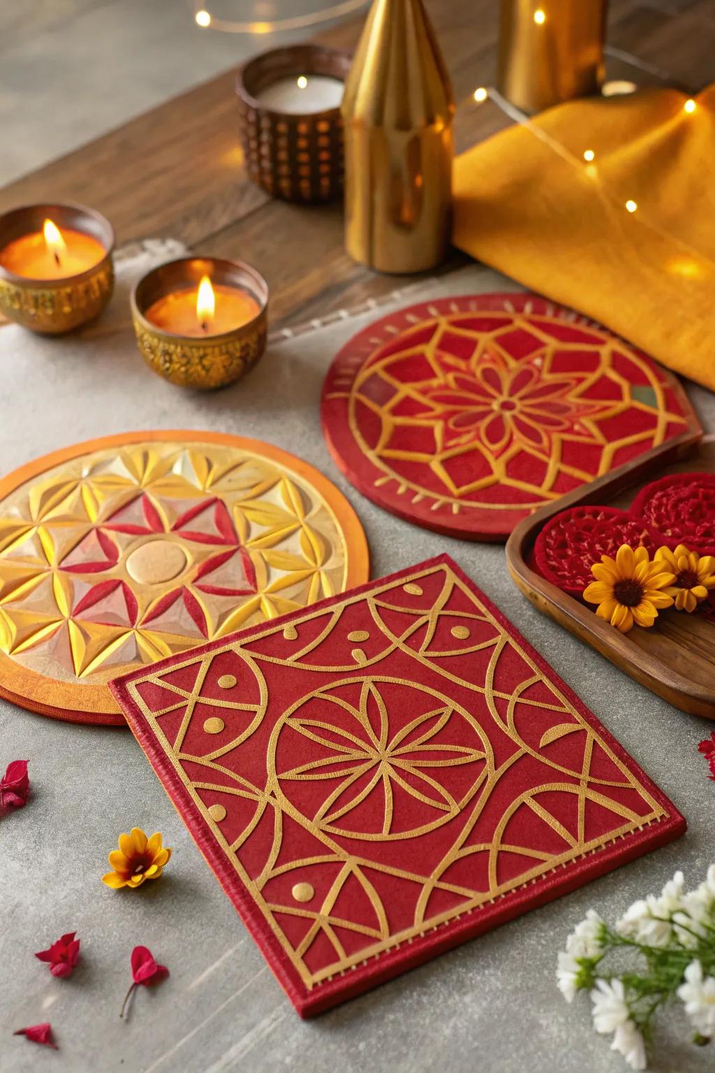 Vibrant hot pads with geometric patterns introduce style and safeguard surfaces on the Diwali table.