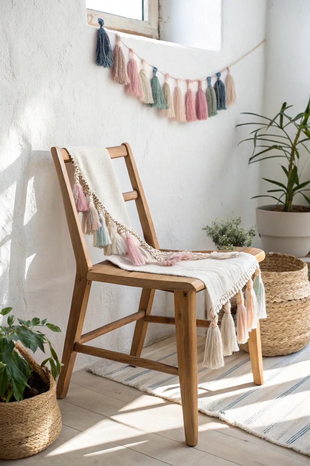 Add a touch of whimsy to your baby shower with a charming tassel fringe accent on a simple wooden chair.