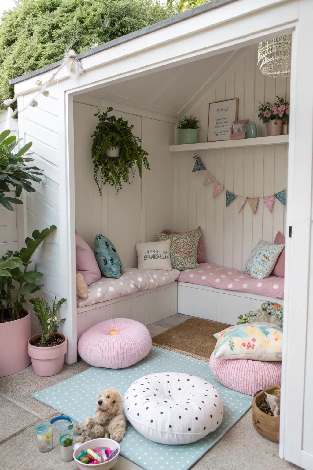 An alluring alcove transmuted into an inviting sanctuary for cherished pets, showcasing fashionable décor.