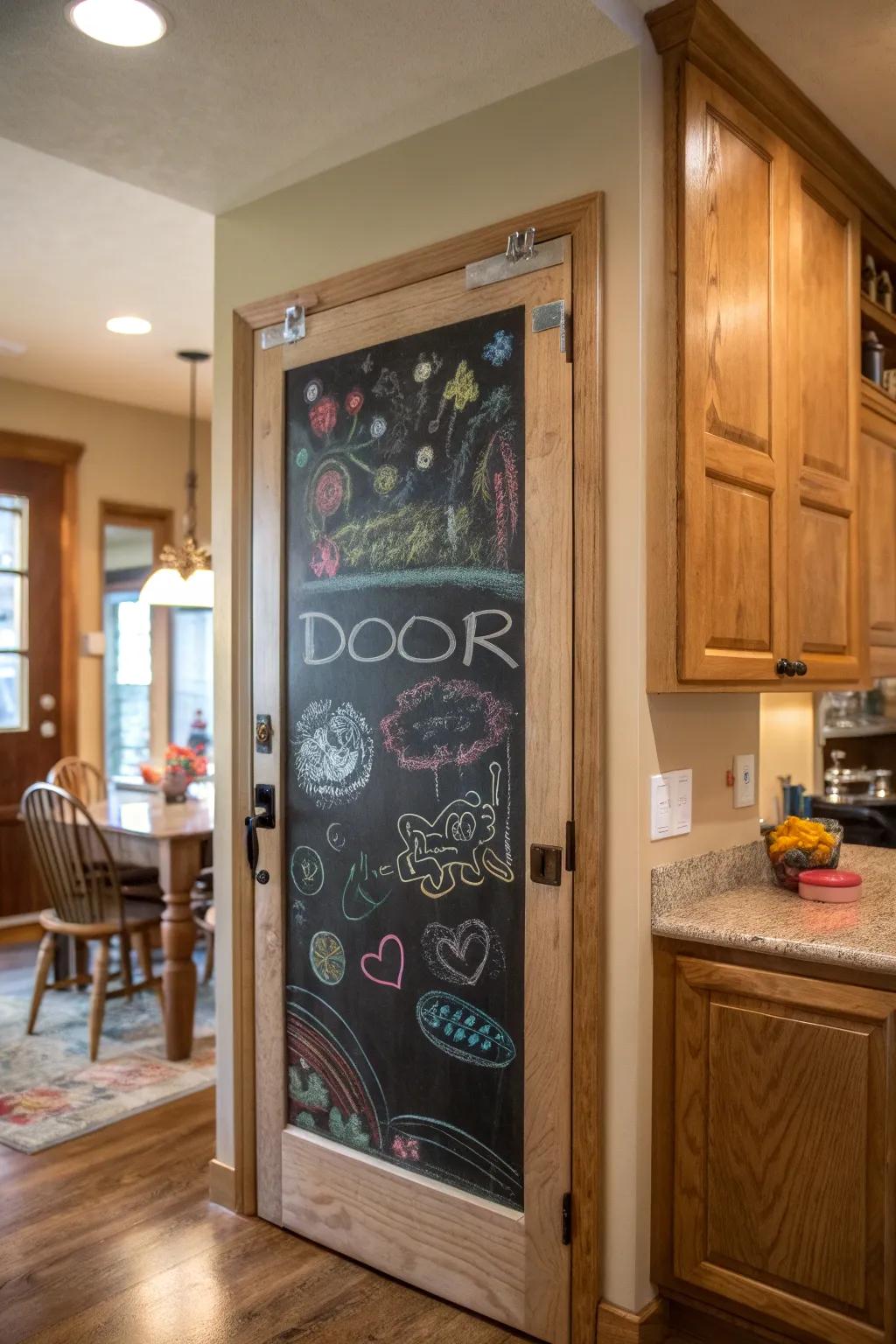A chalkboard door provides an area for creativity and organization.