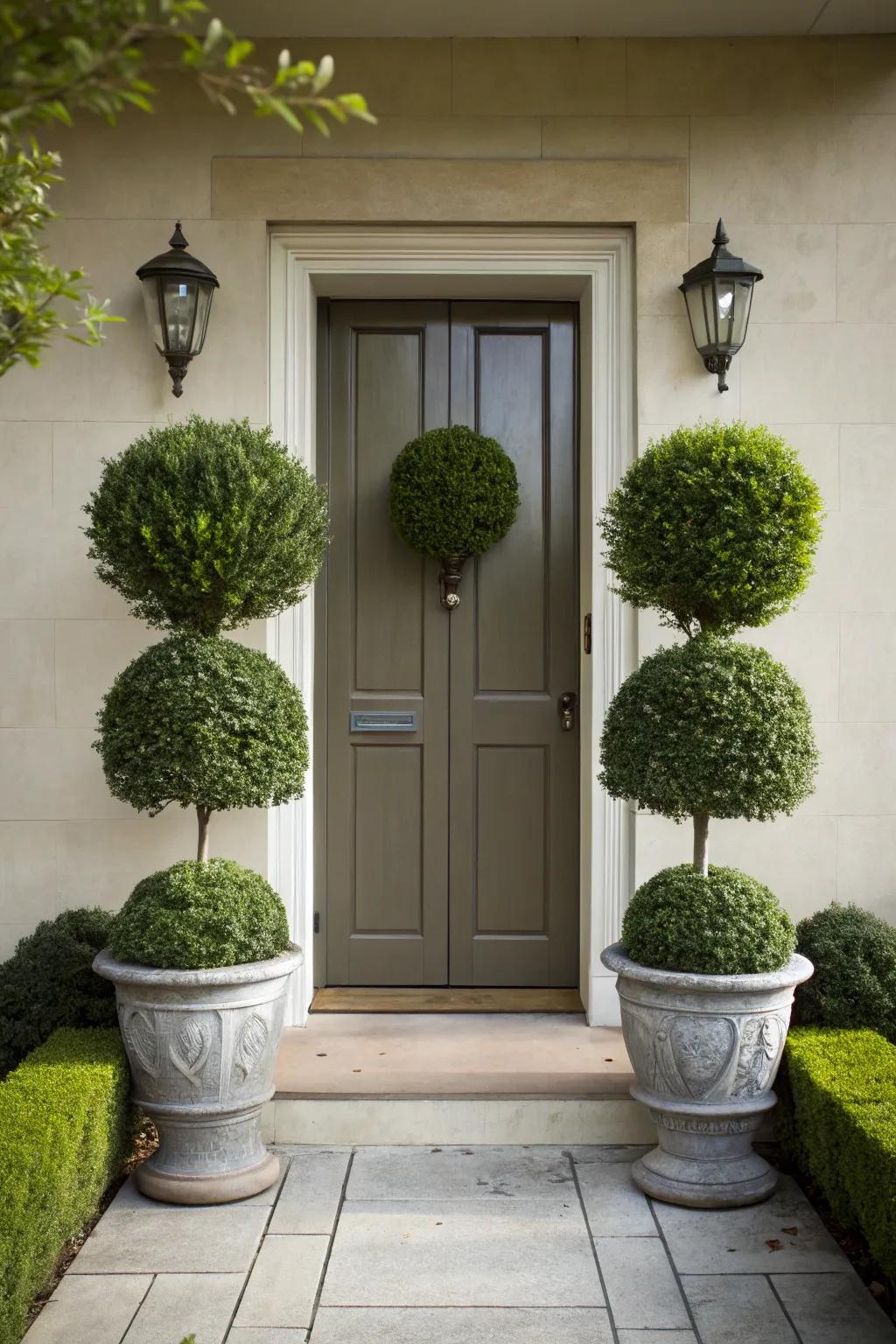 Seasonal topiaries provide an elegant accent to any entryway.