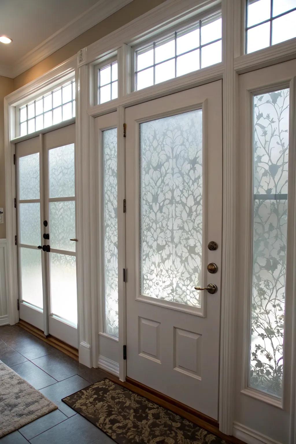 Etched contact paper delivers an affordable and stylish means to append privacy to door windows.