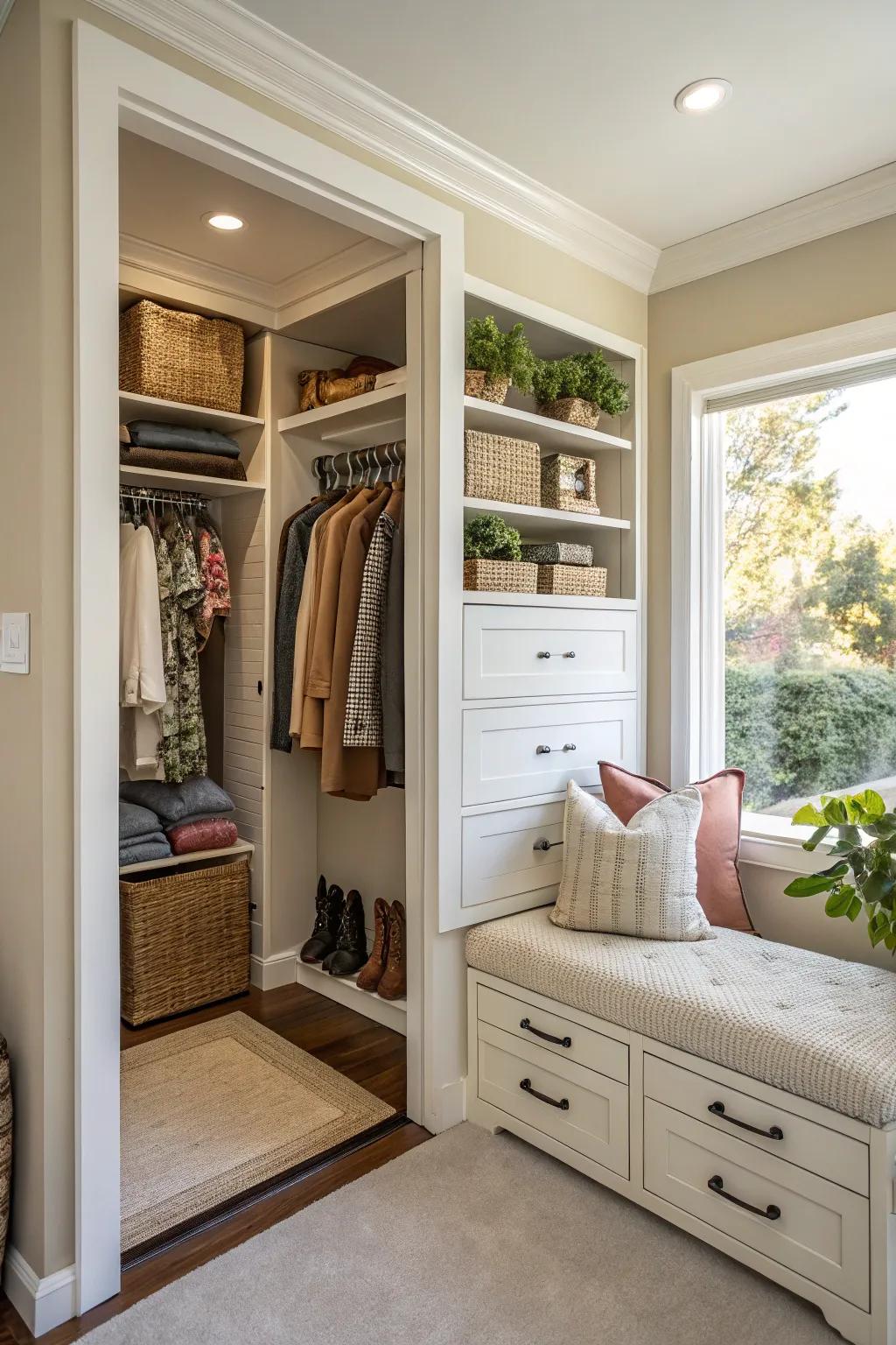 A seating spot inside a double closet adds comfort and flair.