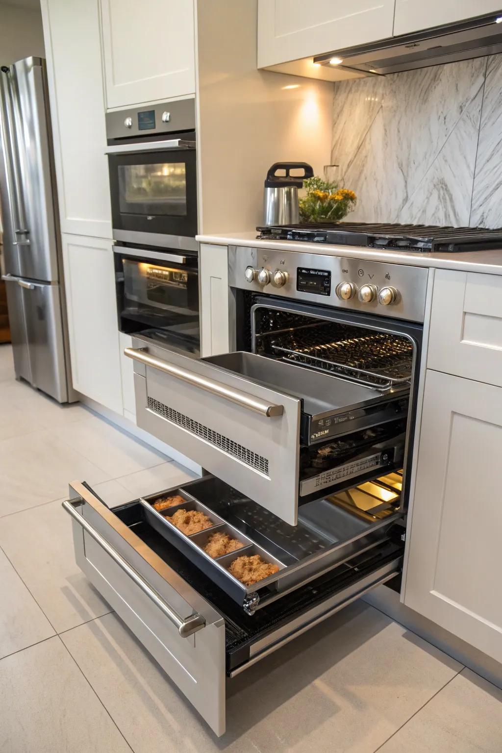A contemporary kitchen design featuring a tandem oven enhanced by smart storage innovations.