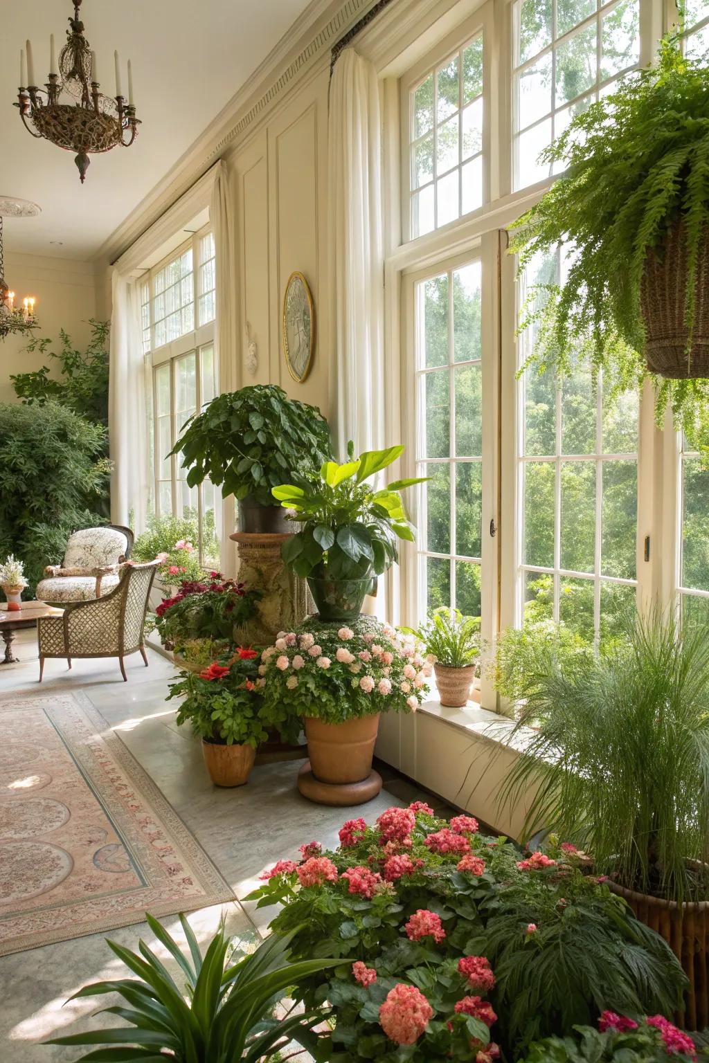 Vegetation adds life and vibrancy to the double parlor.