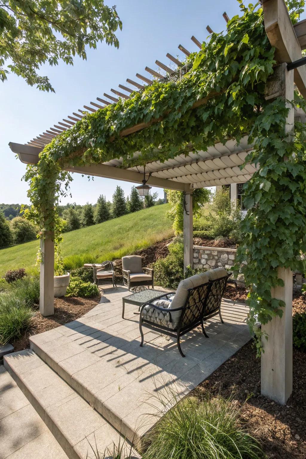 Arbors offer shade and panache to your sloped backyard seating zones.
