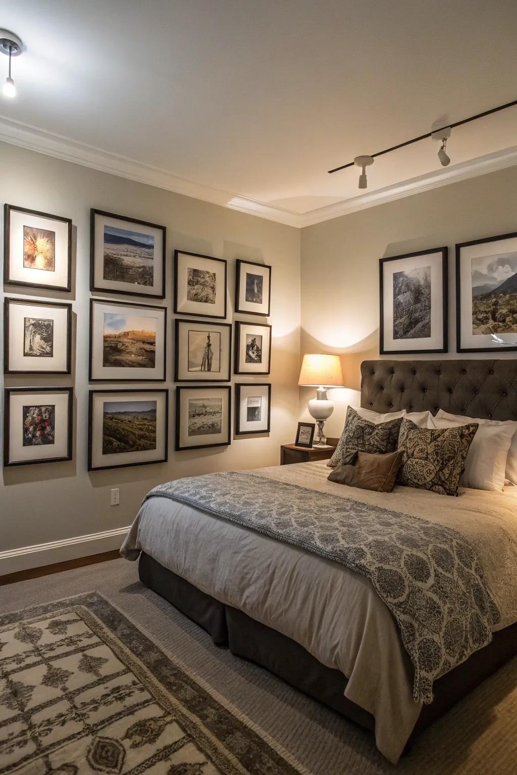 A gallery wall in dark frames imparts sophistication and a personal element.