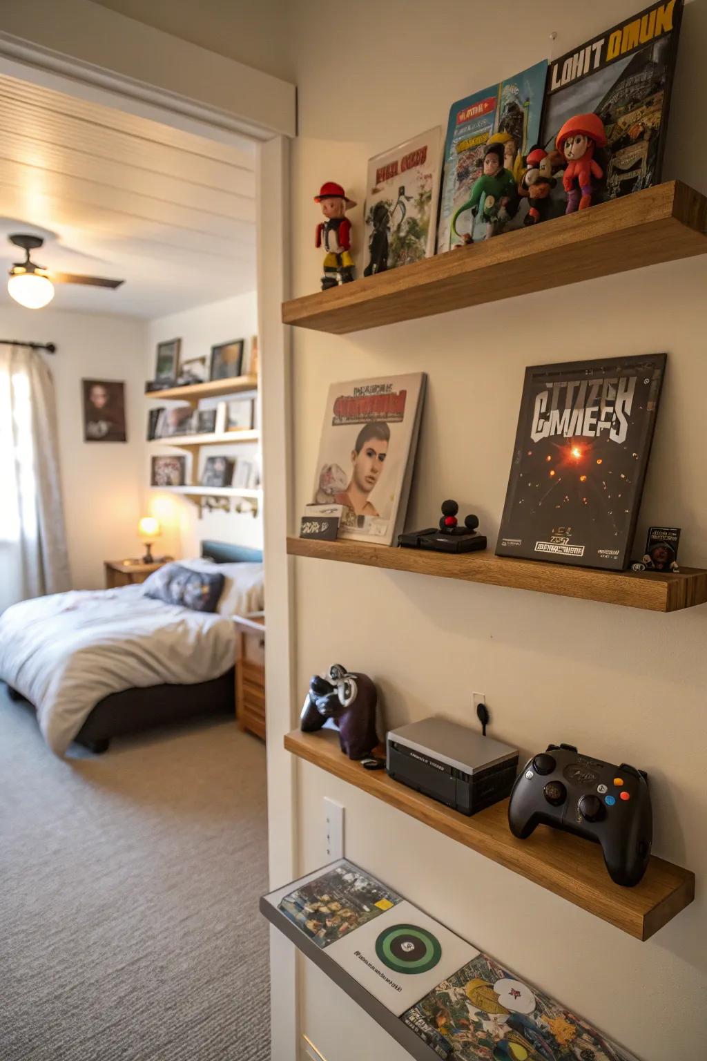 Floating shelves optimize space and exhibit collectibles.