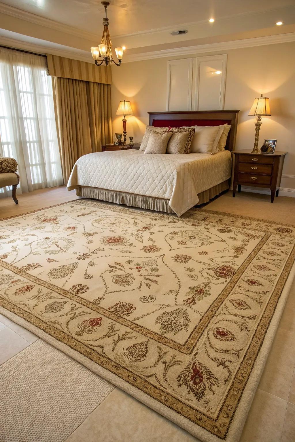 A bedroom with a classic area rug providing warmth and texture.