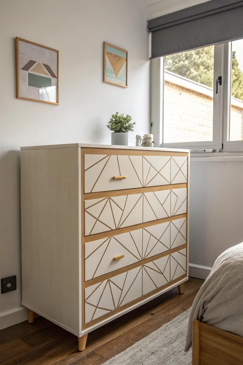 A structured design dresser adding a modern edge to a small bedroom.