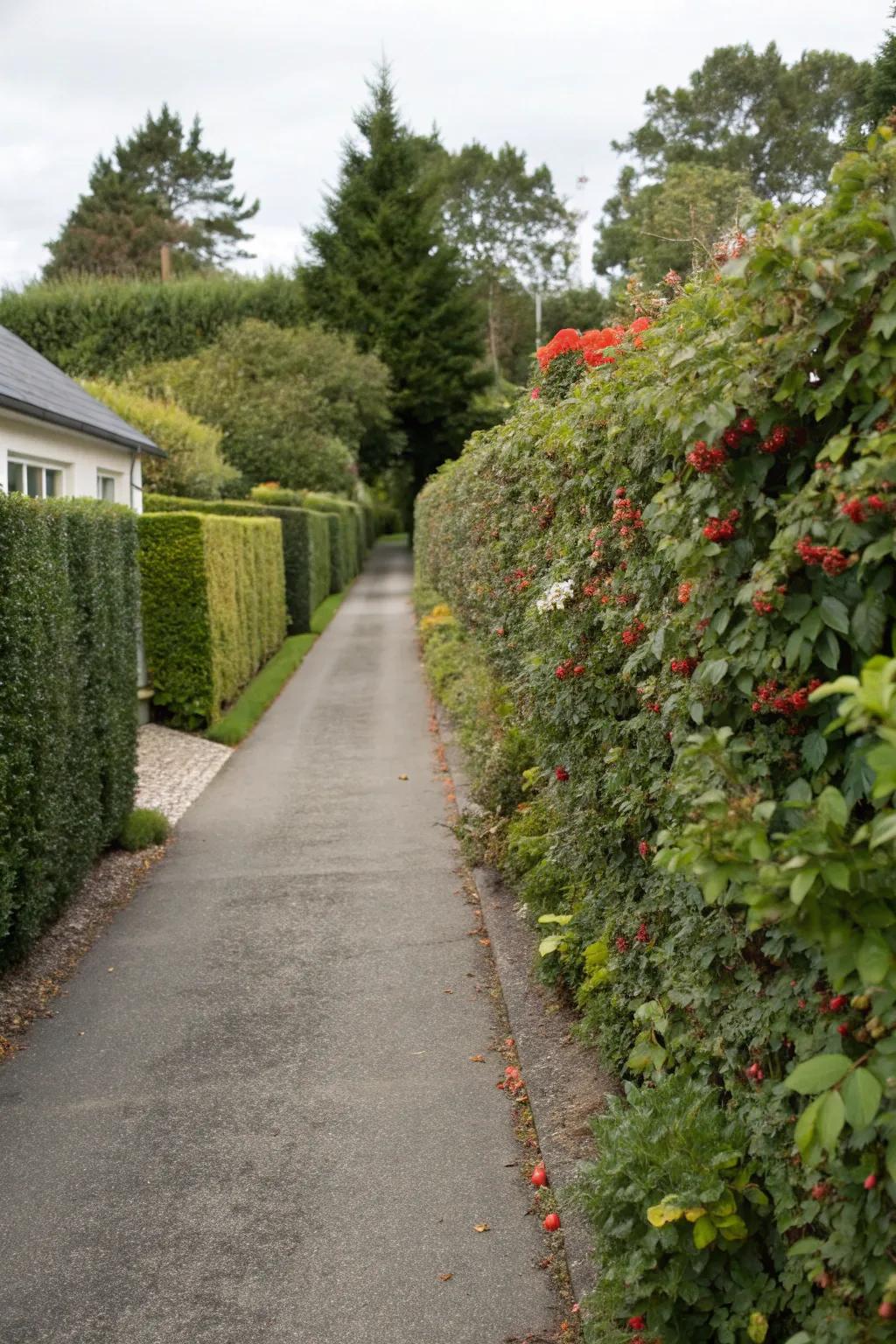 Edible plant hedges providing practical and enjoyable additions to a driveway.