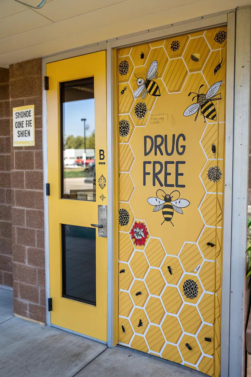 An entryway themed as a bee through an abstinence message.