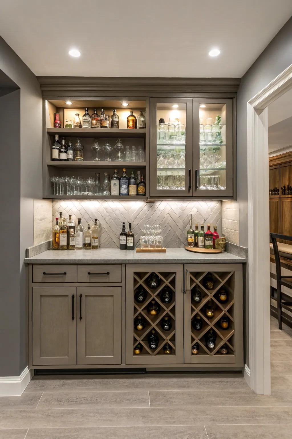 Concealed storage maintains your bar neat and organized.