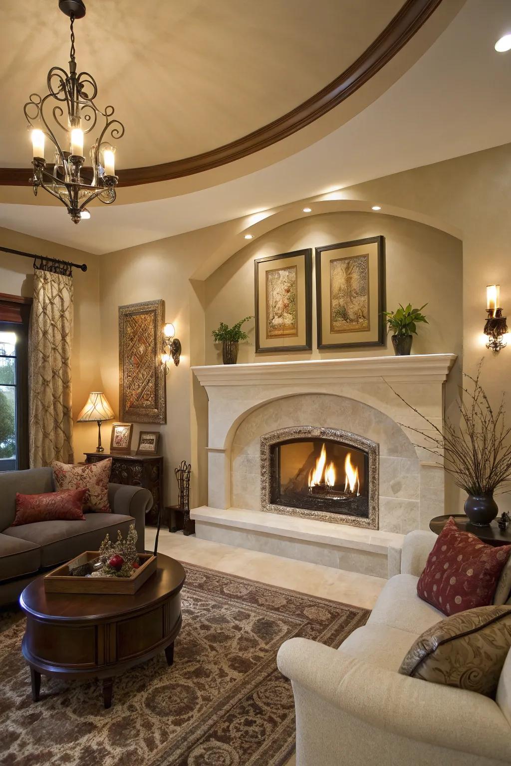 Curves add elegance to a sheetrock fireplace.