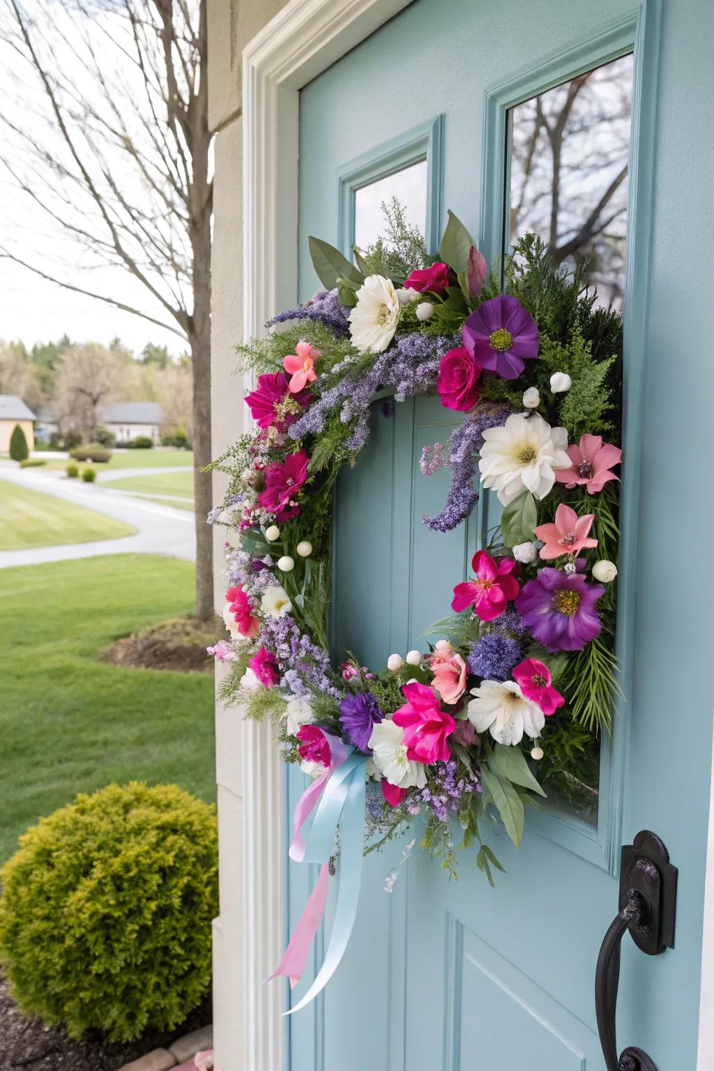 A spring flower wreath introduces a vibrant and sophisticated allure.