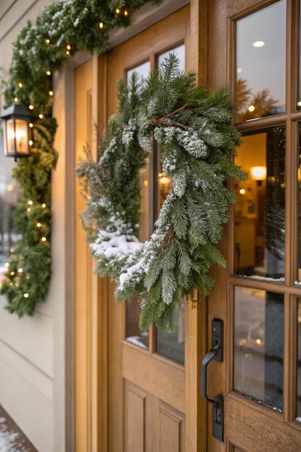 A snow enshrouded coniferous festoon appends ageless yuletide elegance.