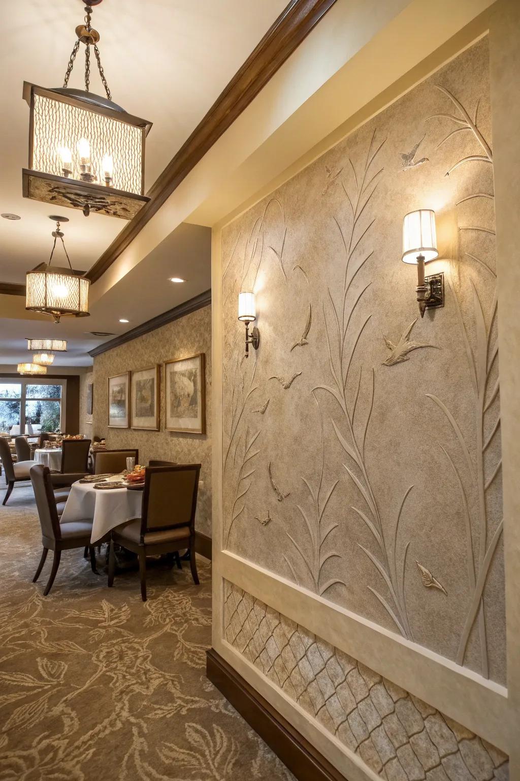 Board and trowel texture offers artisanal elegance.