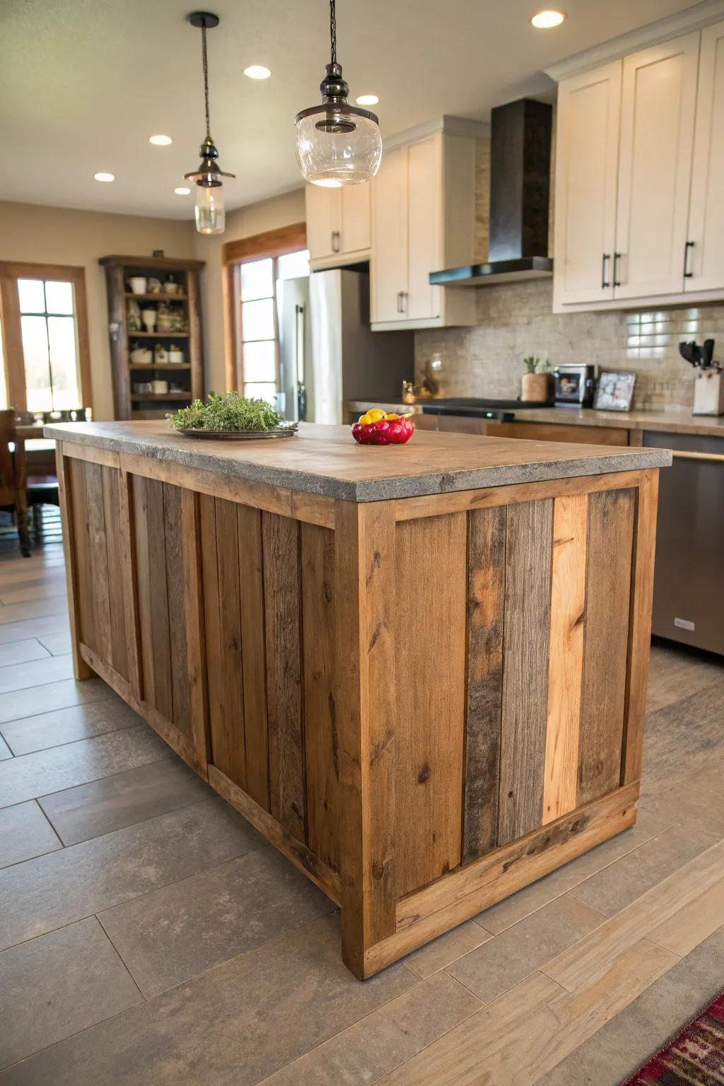 An environmentally conscious island crafted from reclaimed lumber.