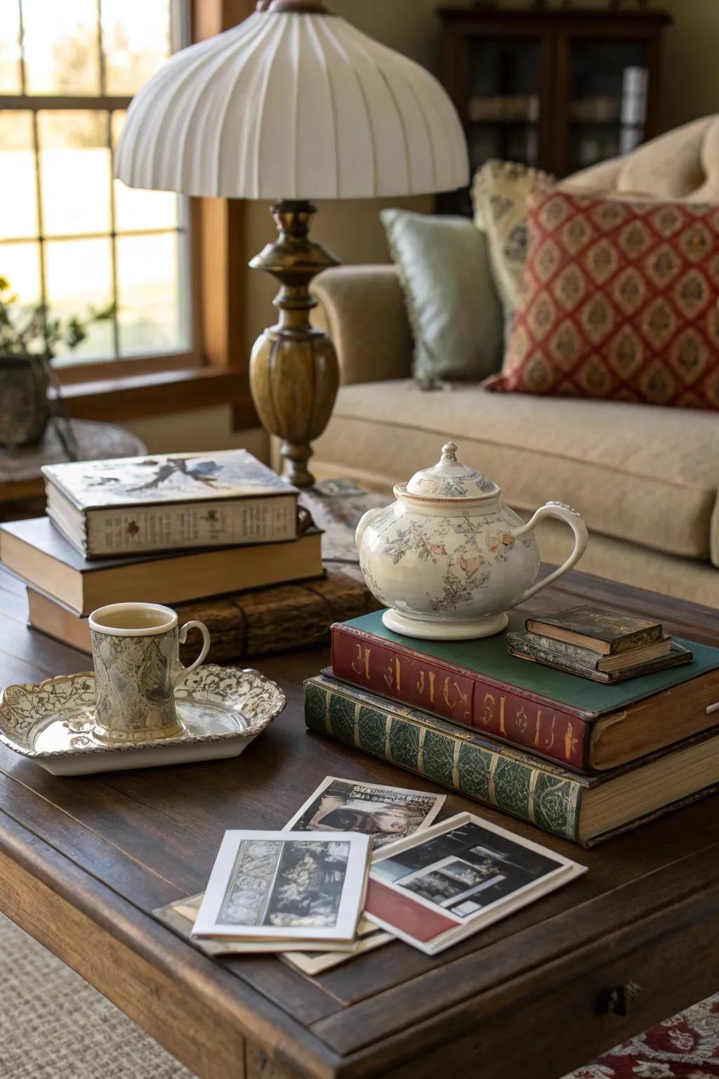A displayed set on a coffee table displaying old finds.