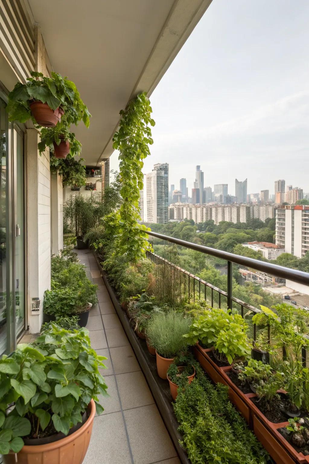 An urban balcony beautifully decorated with a productive garden.