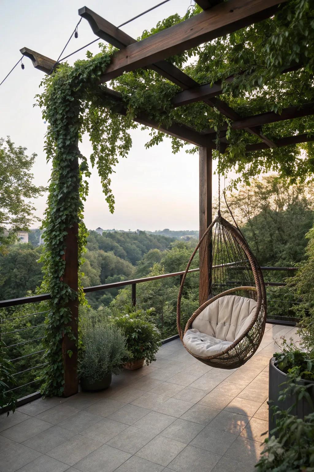 Swing chairs contribute a lively and soothing element to patios.