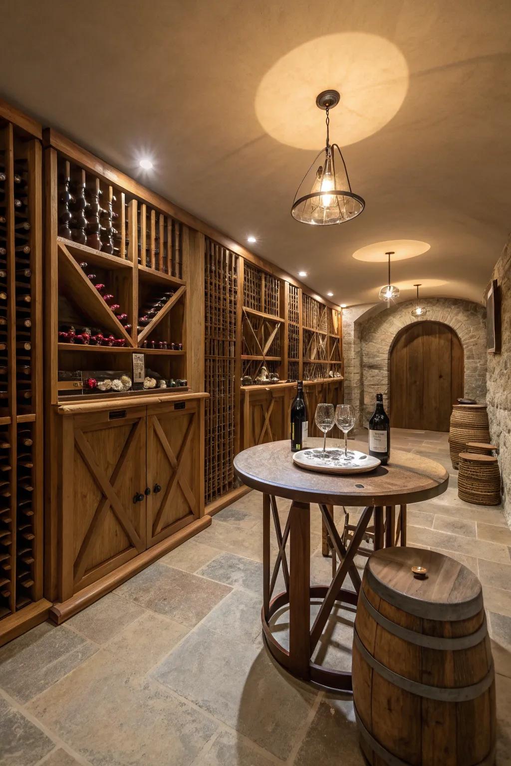 Delight in elegance with a wine storage and tasting den.