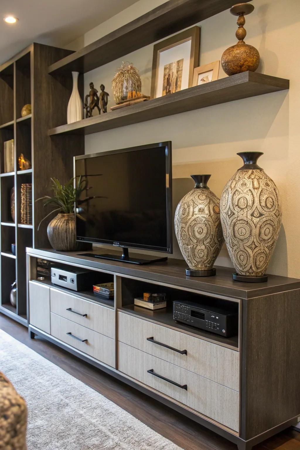Oversized décor pieces utilize the upper surface on this entertainment space.