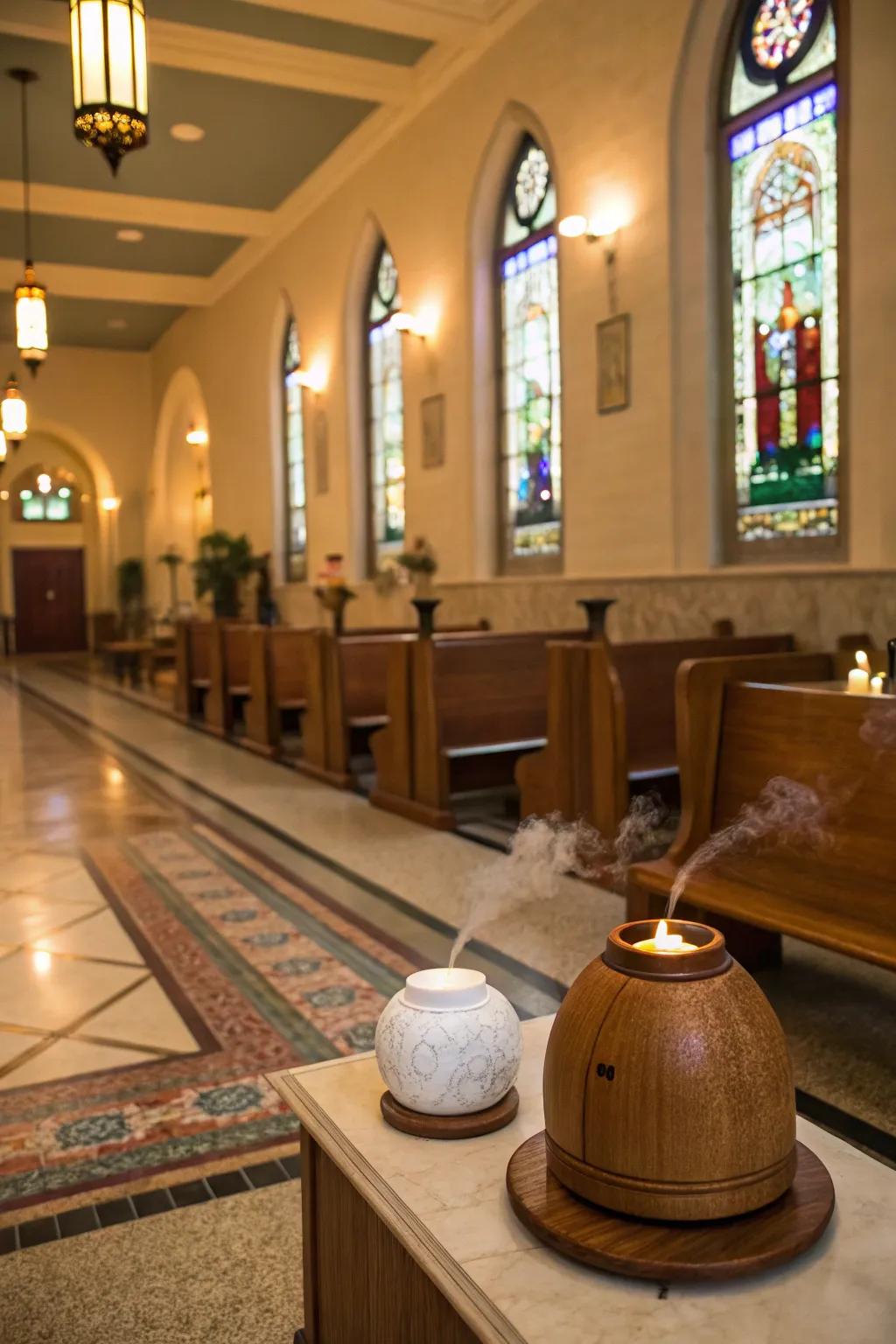 A subtle scent enhances the sensory experience in the church foyer.