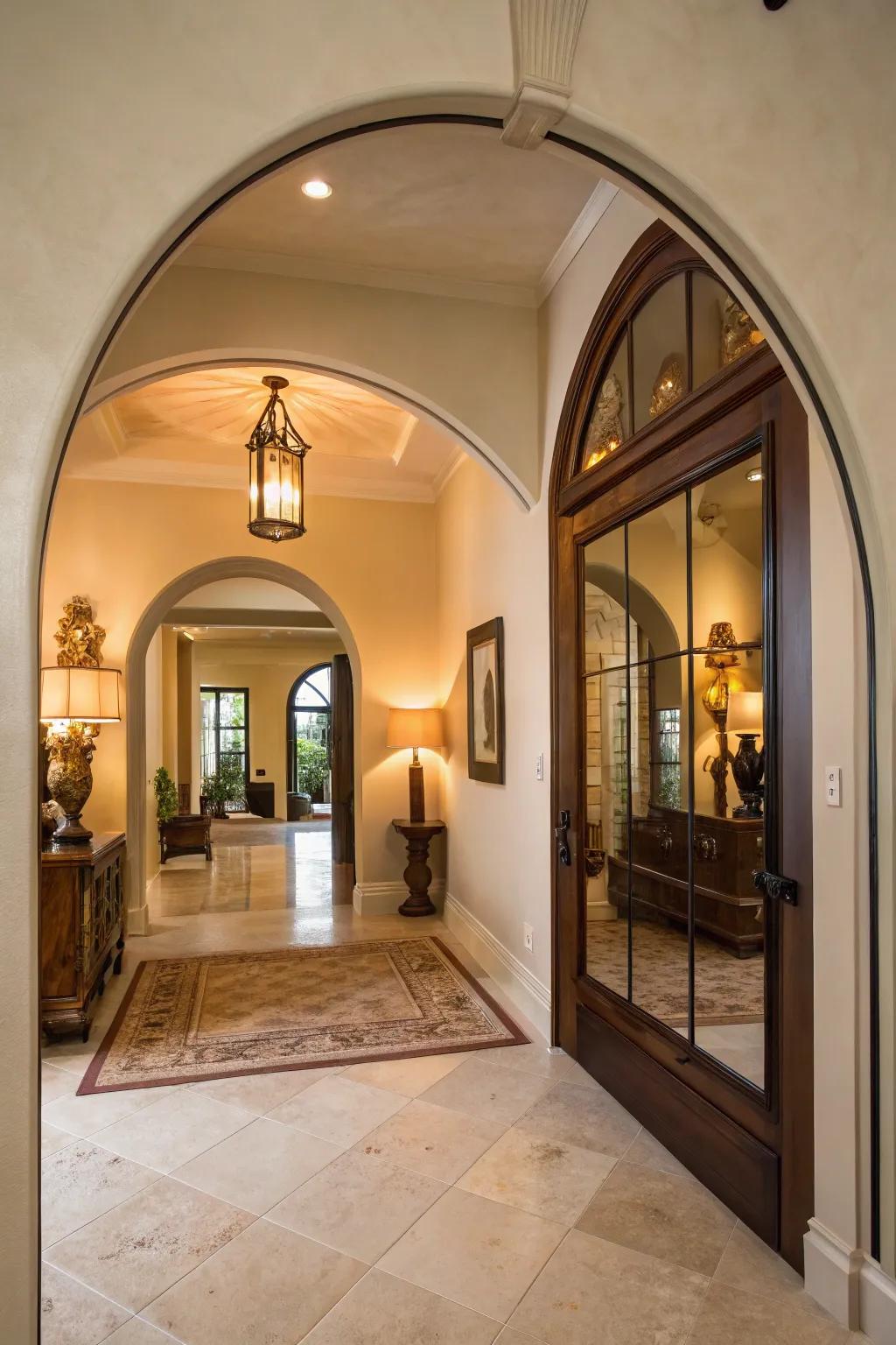 A bent mirror introduces curvy forms and sophistication to the entryway.