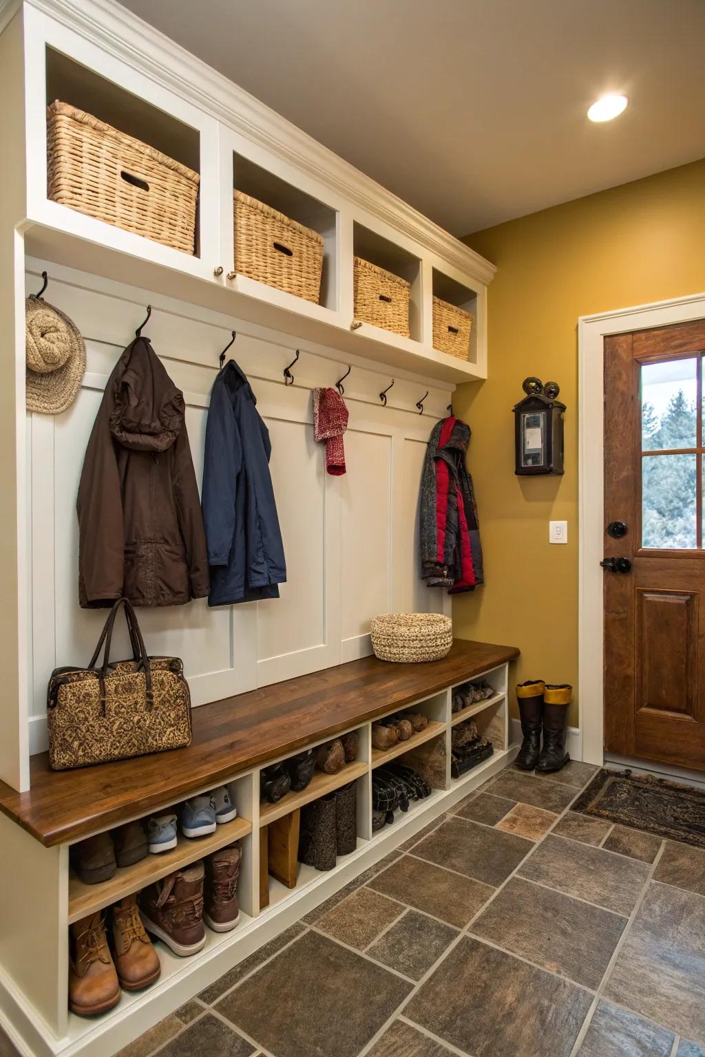 Integrated seating optimizes space and contributes a streamlined aesthetic to this mudroom.