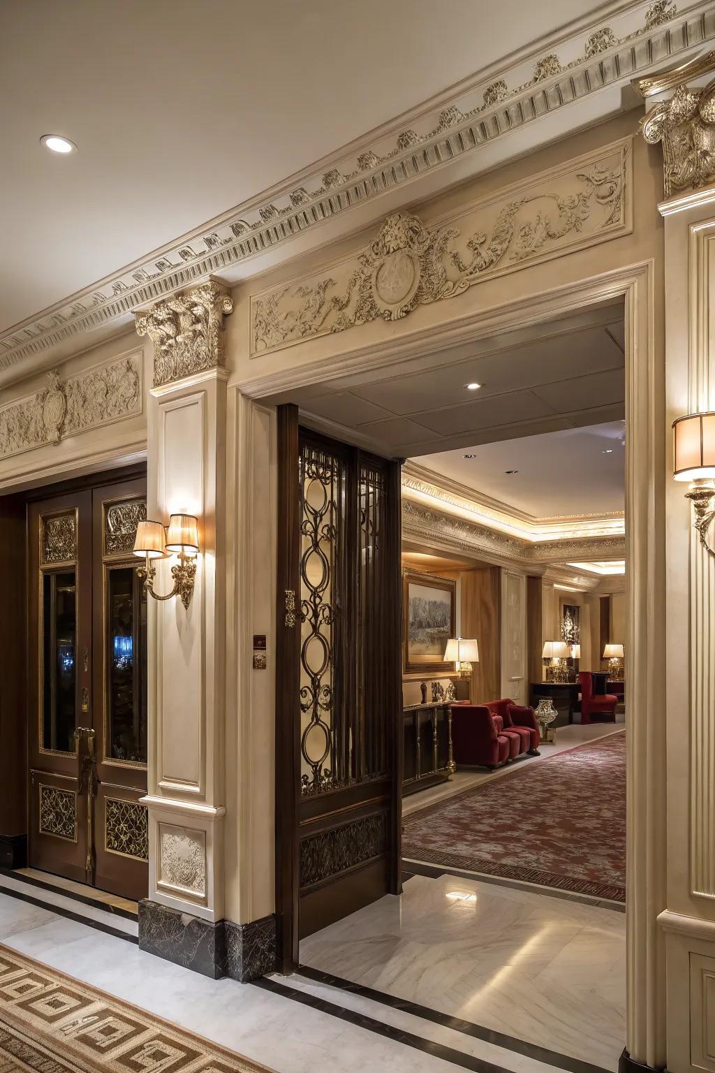 Ornate shaping brings luxury and depth to the entryway.