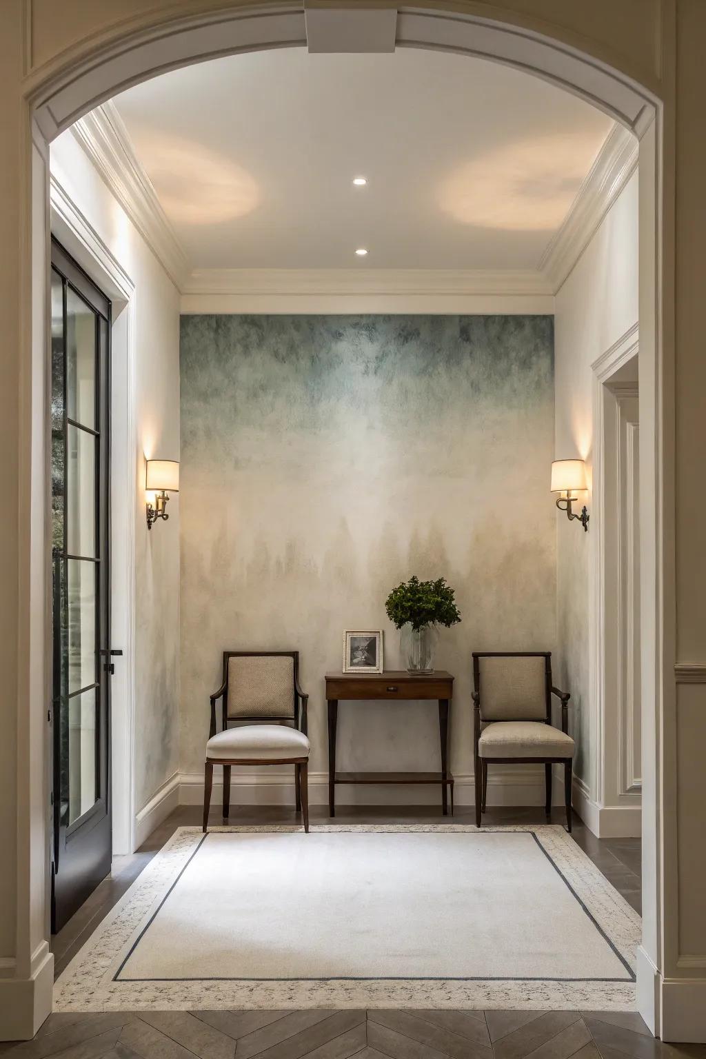 An airy entryway showcases subtle ombre wallpaper, fostering a spacious sensation.
