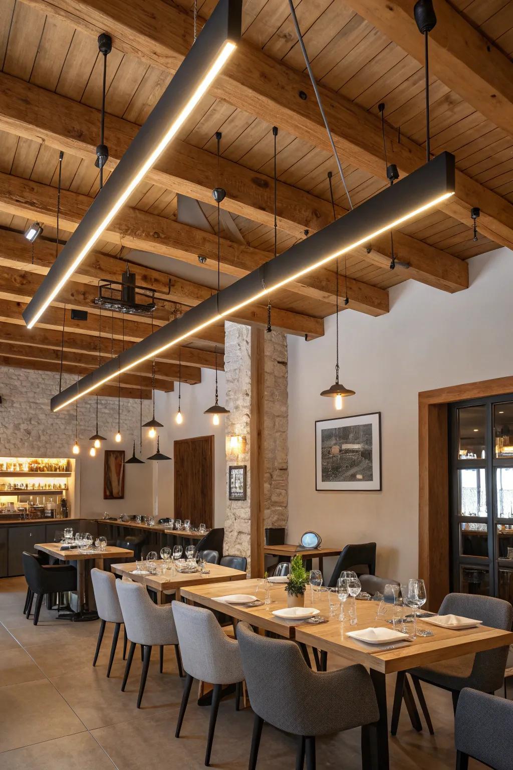 Elegant understatement merges with straight lights within a dining space.