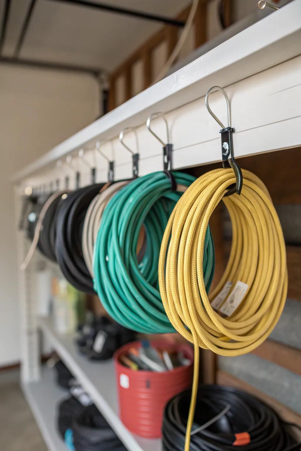 Utilize shelf hooks for a hidden yet effective cord storage solution.