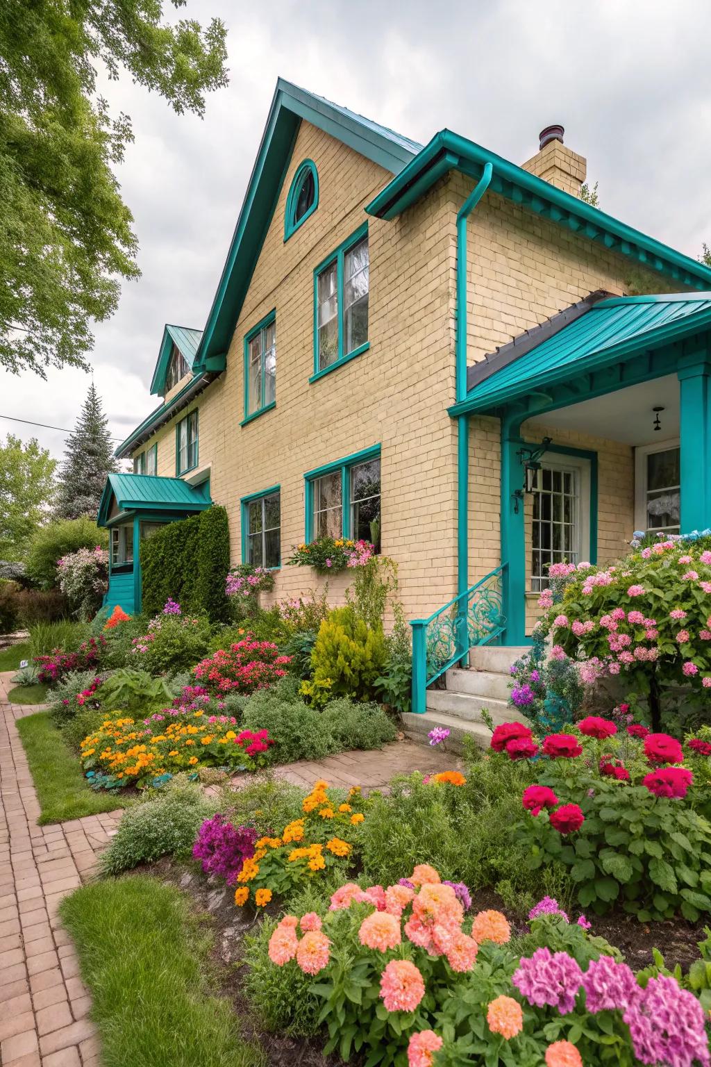 Soft green accents add vibrancy to light brick.