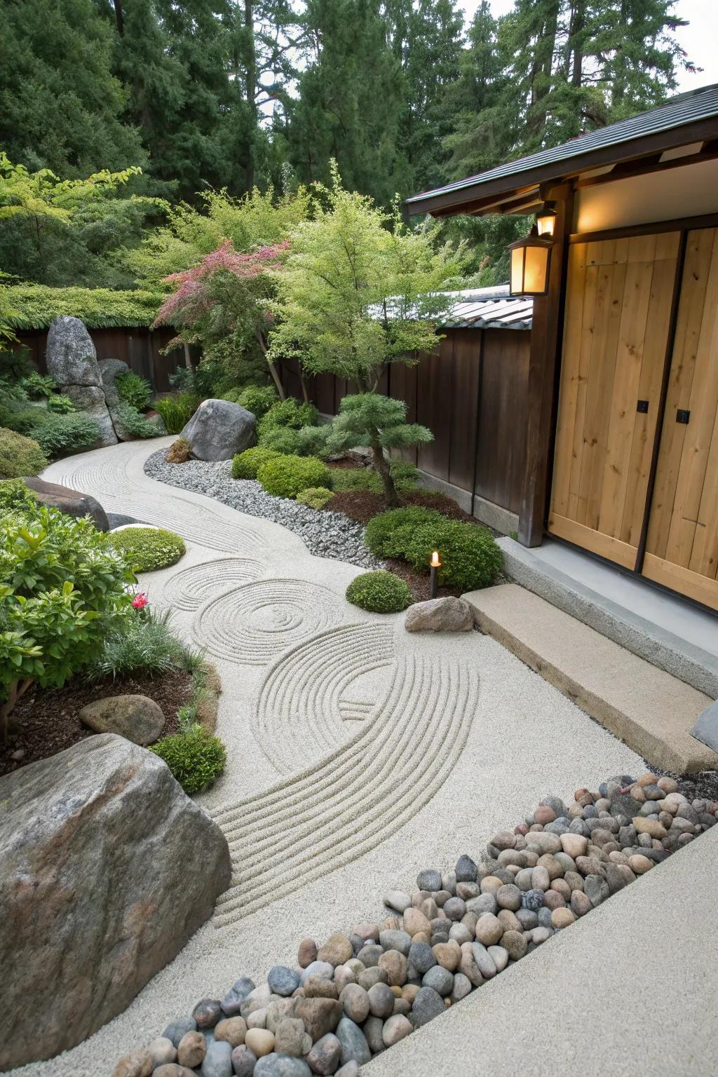 A calming tranquil garden offers a meditative retreat near a basement.