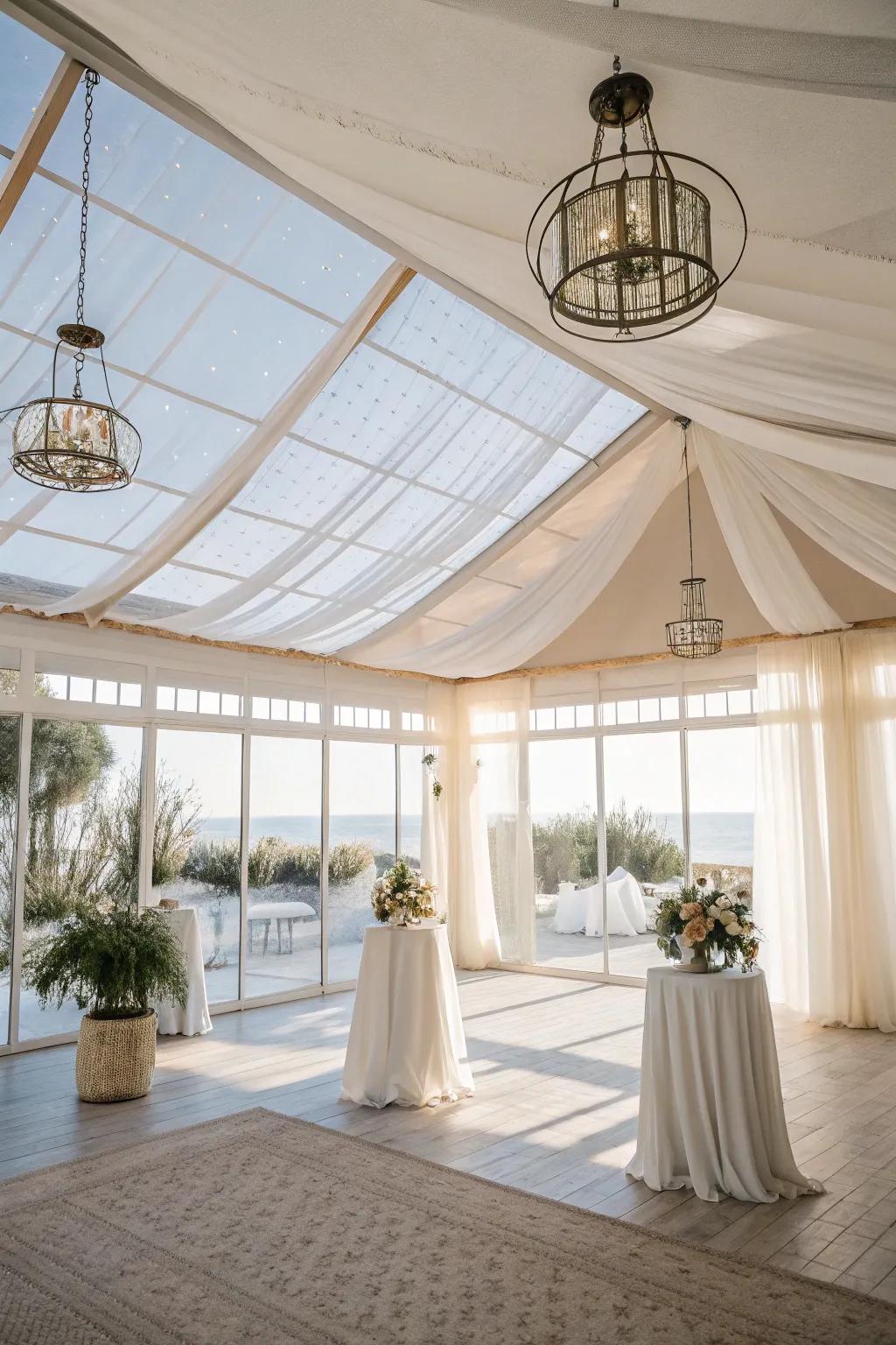 Brighten your space with see-through fabric ceilings.