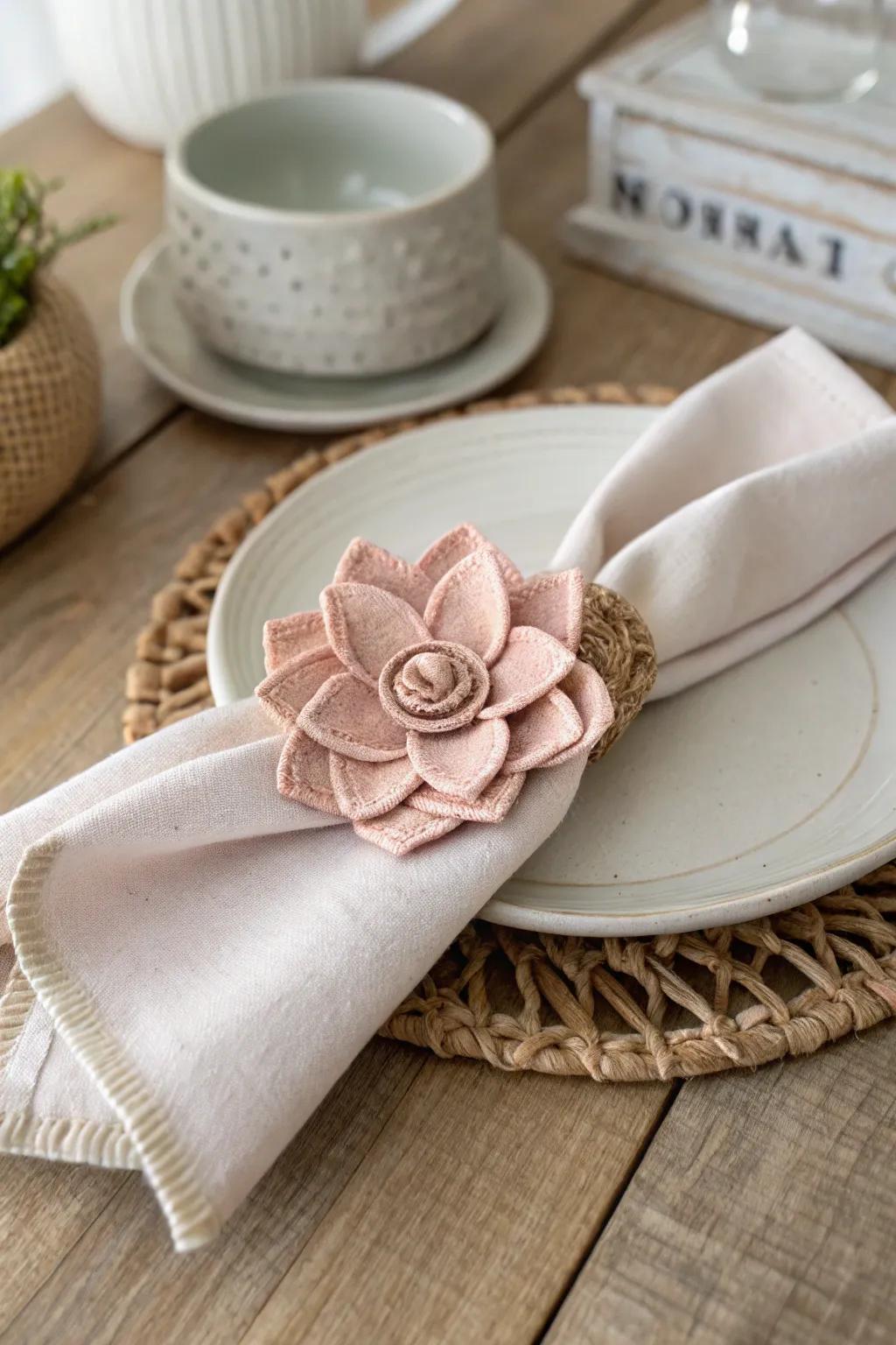 Elevate your table arrangement with these charming textile blossom napkin wraps, harmonizing minimalist elegance with a touch of Boho flair.